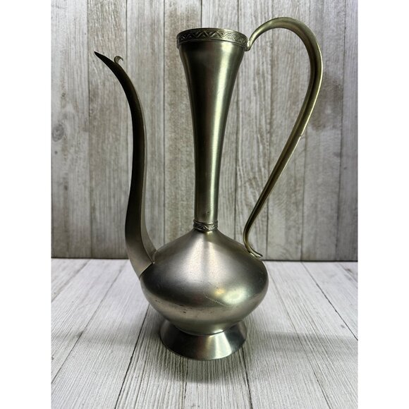 Vintage Norwegian Hagness Pewter Pitcher Folk Art Embossed Design #214 10'' Tall - Picture 3 of 8